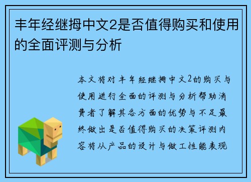 丰年经继拇中文2是否值得购买和使用的全面评测与分析