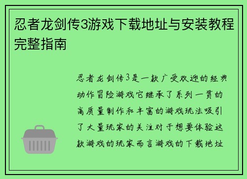 忍者龙剑传3游戏下载地址与安装教程完整指南